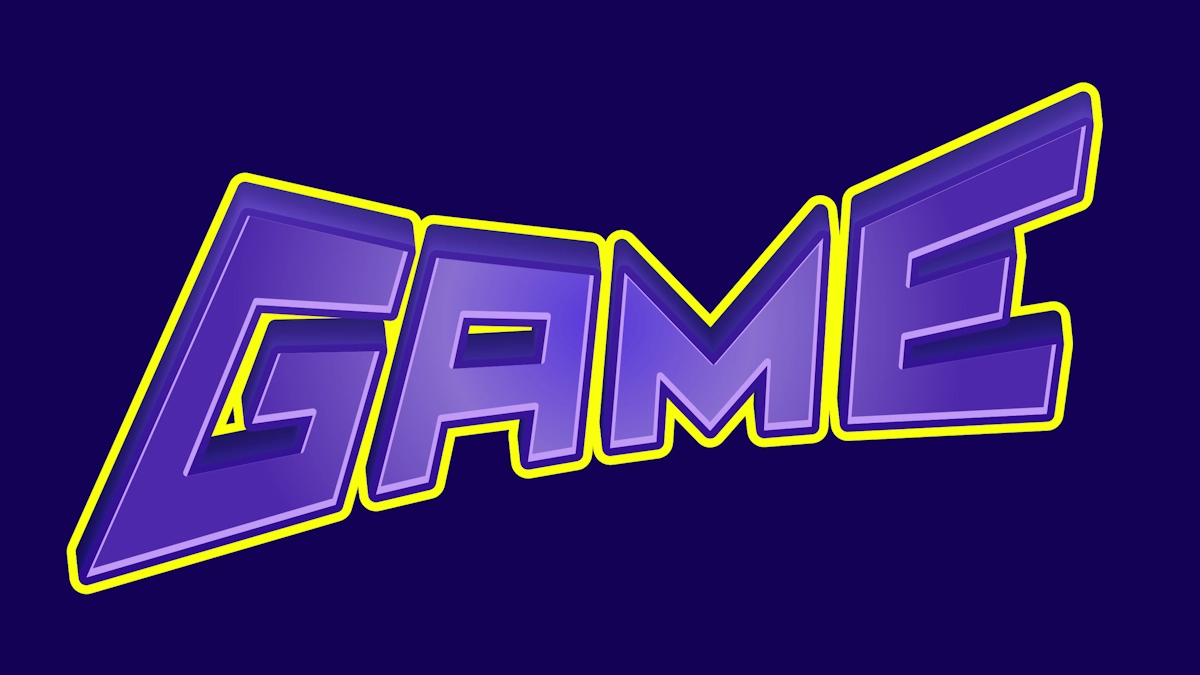 Texto 3D púrpura dinámico en estilo de juego con contorno amarillo