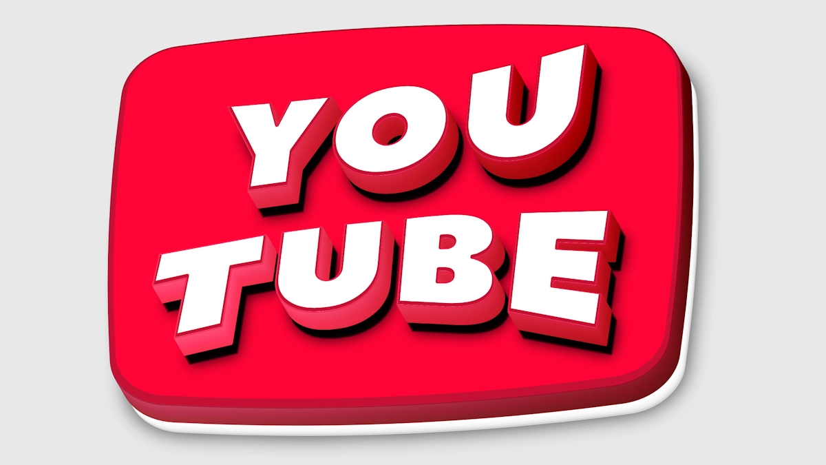 Texto 3D blanco en una placa roja estilo botón de YouTube
