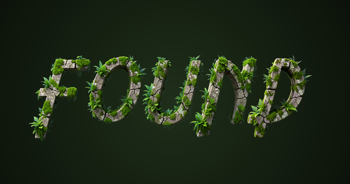 Texto rocoso cubierto de musgo y helechos: ejemplo de generación de fuente 3D con vegetación