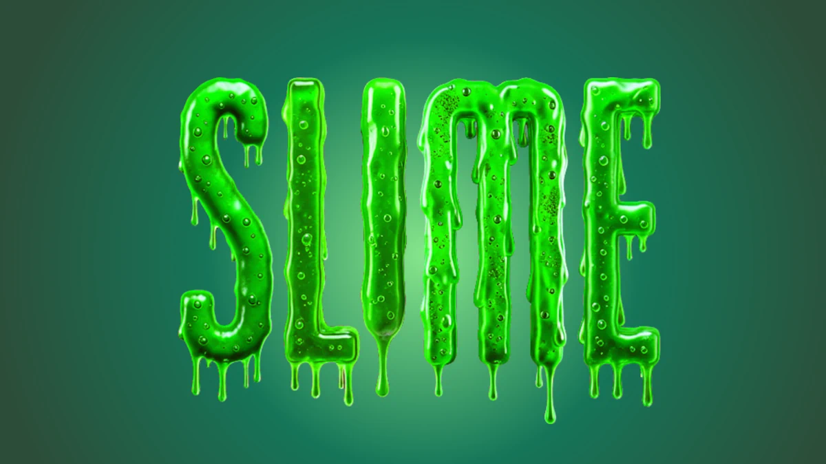 Texto 3D de babosa verde brillante con burbujas y manchas de slime