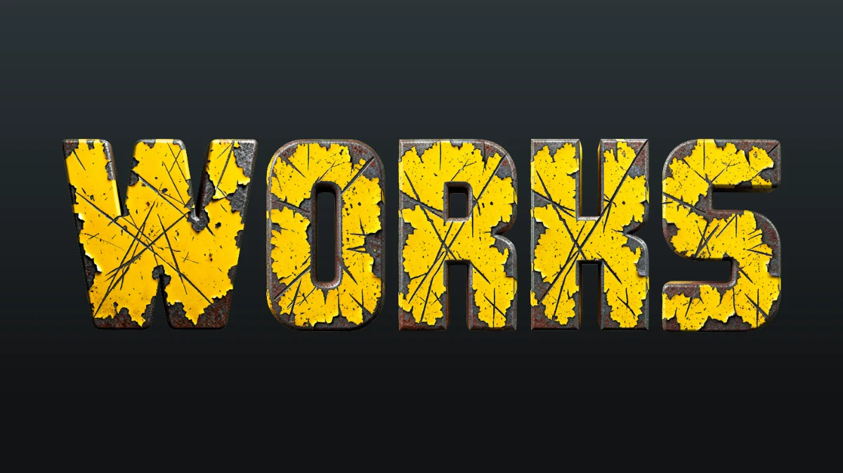 Texto 3D de metal oxidado antiguo con pintura amarilla descascarada y rayones