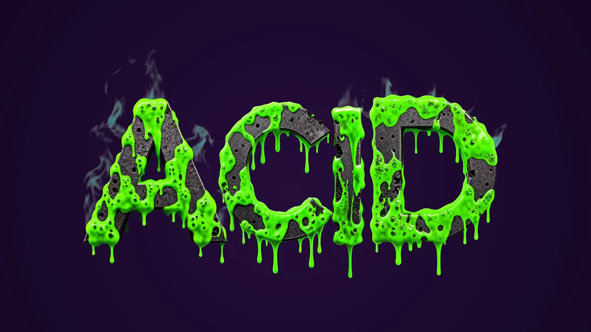 Texto 3D de metal oscuro con babosa ácida verde goteando