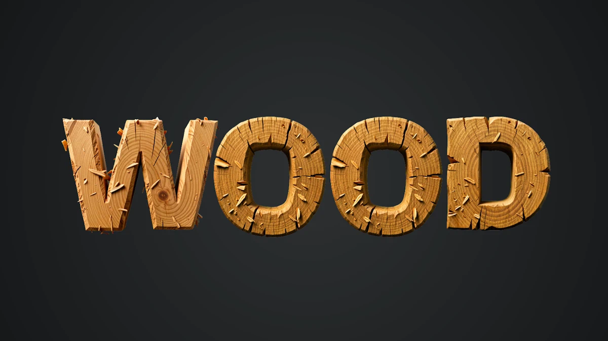 Texto 3D de madera realista con textura de corte y virutas