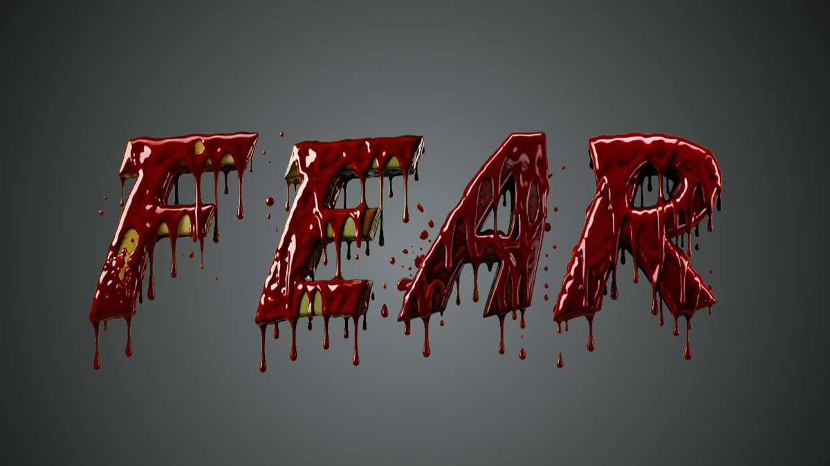 Texto 3D sanguinolento espantoso con sangre que gotea densamente