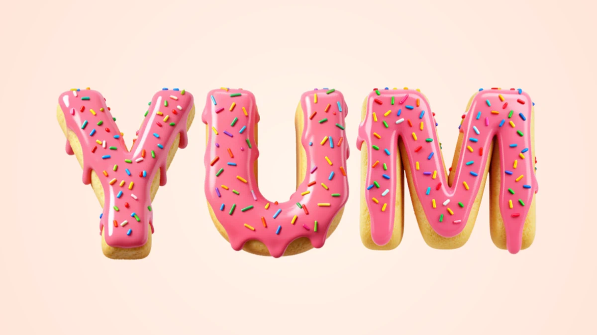 Texto 3D apetitoso en forma de donas con glaseado rosa y azúcar colorida