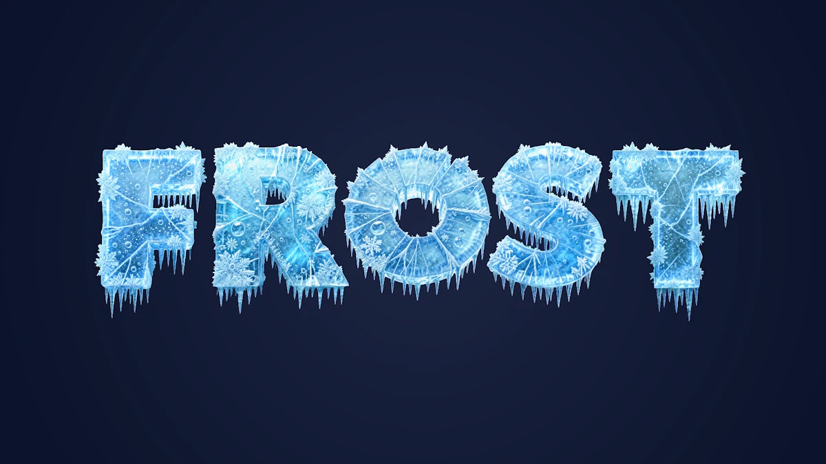 Texto 3D de hielo con grietas, copos de nieve y garras colgantes