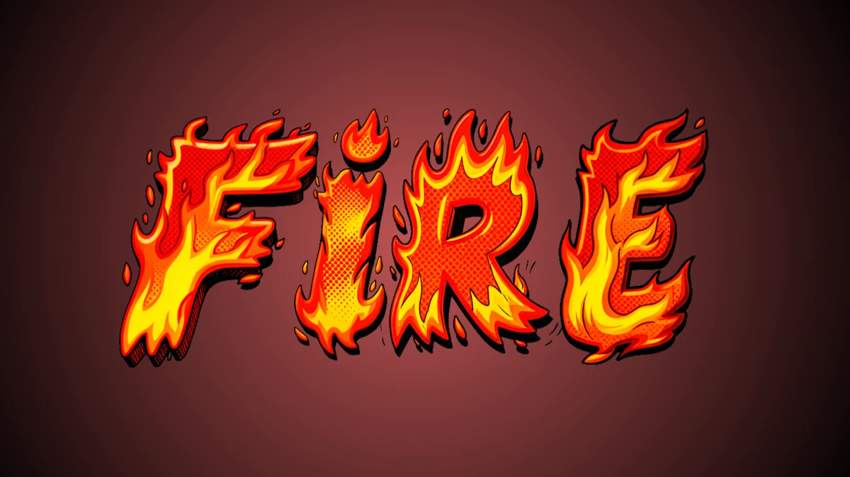 Texto de fuego en estilo cómic con efecto de tono medio y llama