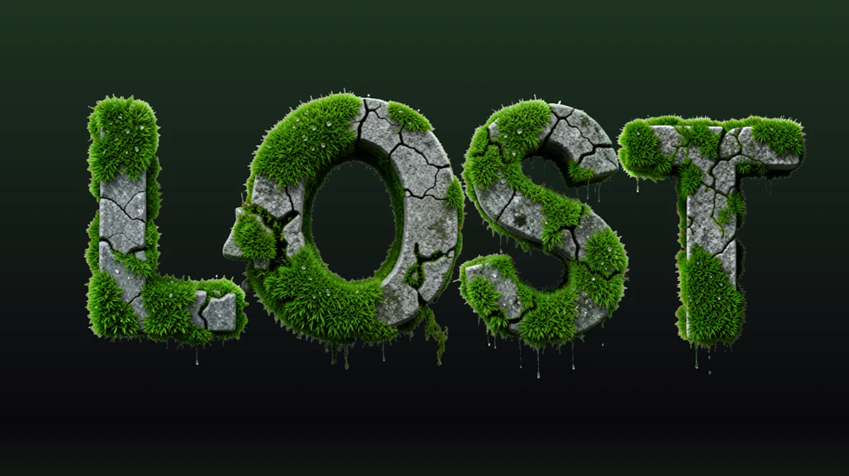 Texto 3D en relieve de piedra agrietada, cubierto de musgo verde