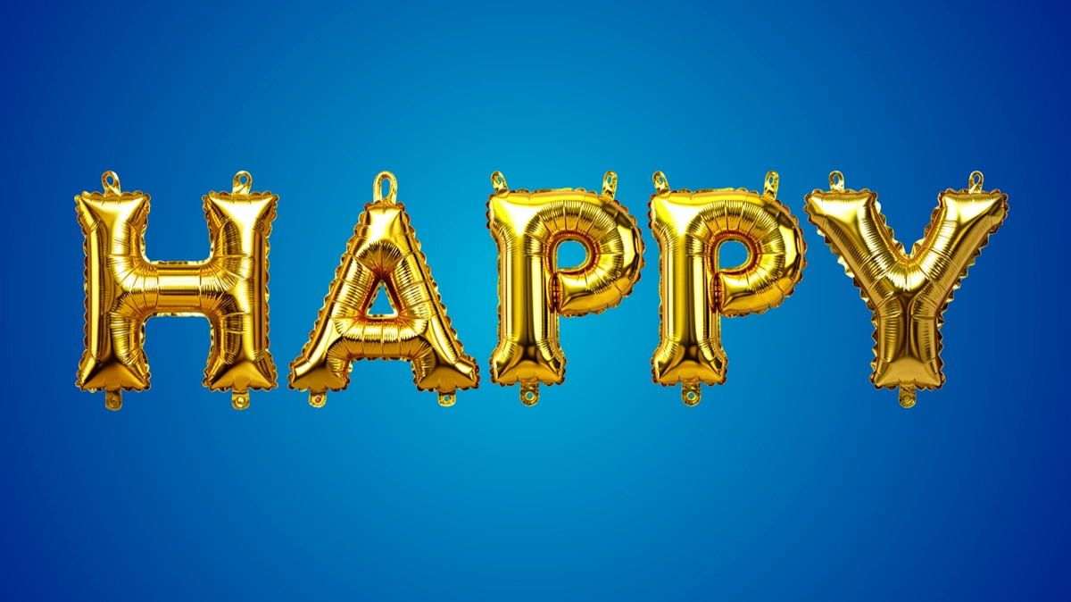 Texto 3D festivo de globos dorados con folio: letras infladas