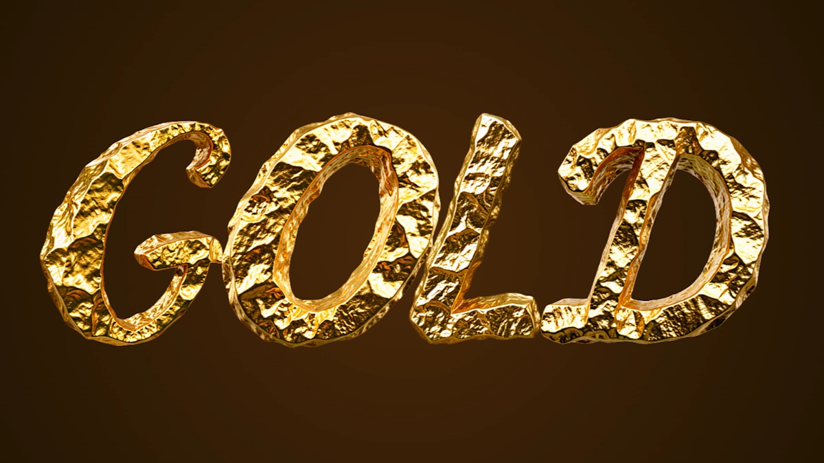 Texto 3D en relieve de mena dorada: letras realistas en oro
