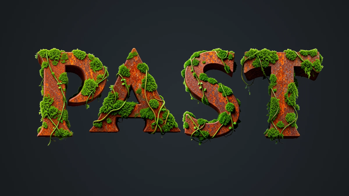 Texto 3D de metal oxidado, cubierto de musgo verde y enredaderas