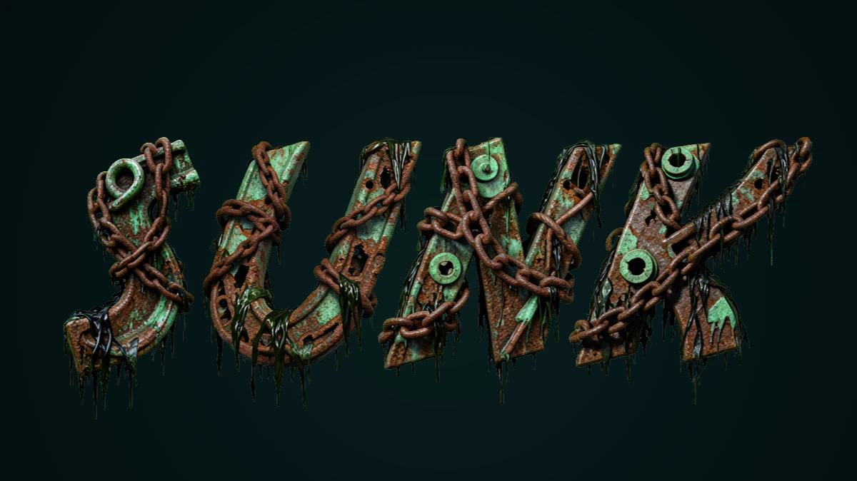 Texto 3D de metal oxidado con cadenas y algas marinas