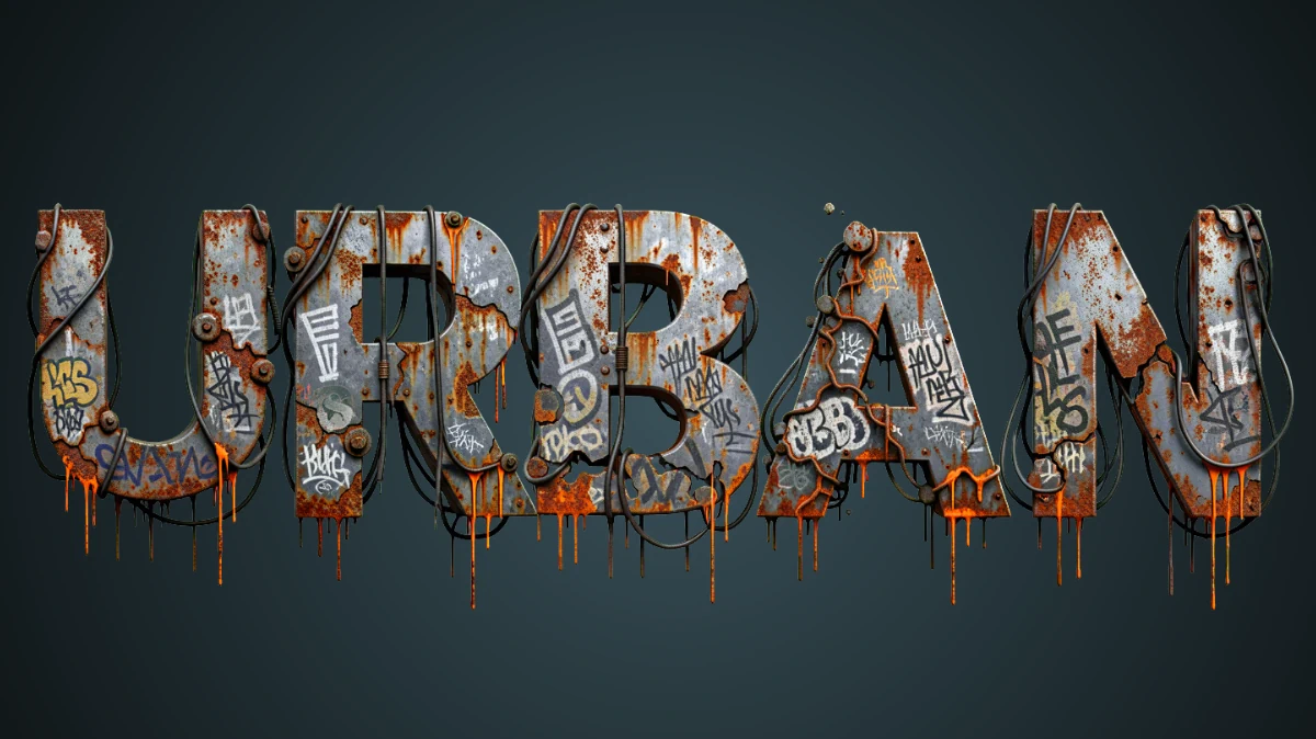 Texto 3D urbano en relieve: metal oxidado con graffiti, cables y manchas