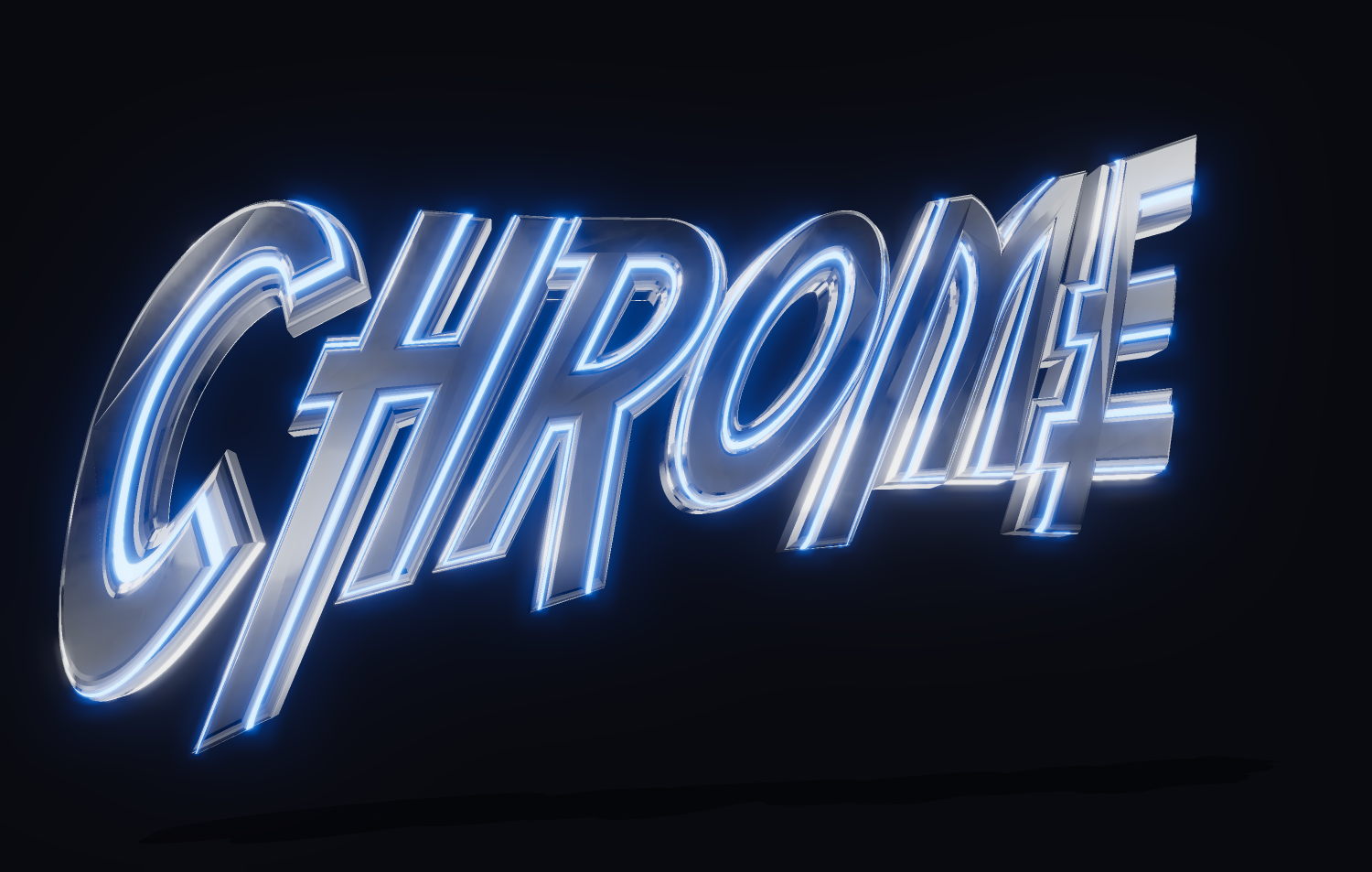 Texto 3D en cromo con iluminación neón azul. Fuentes 3D.