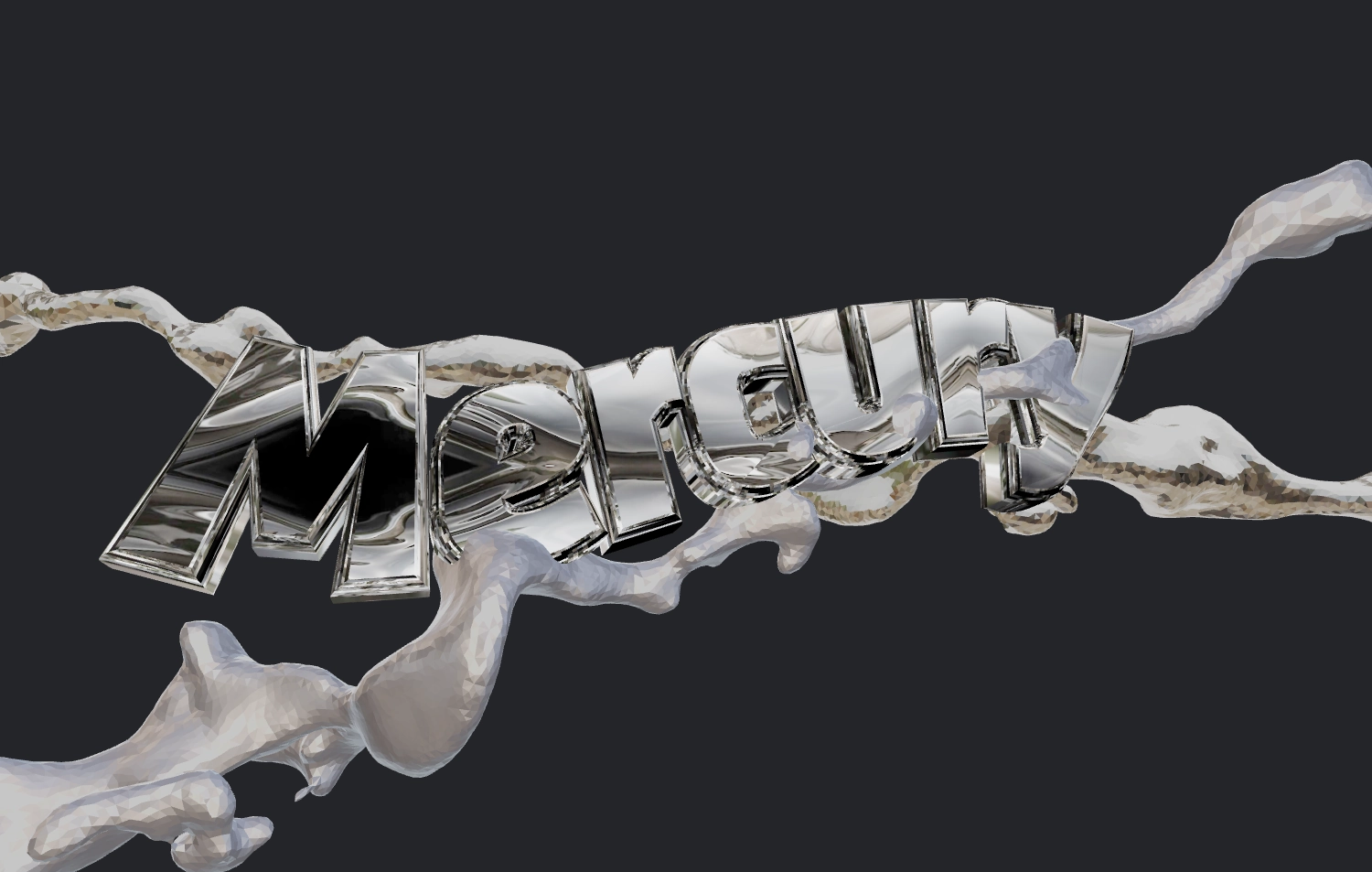 Fuente 3D cromada con salpicaduras. Efecto metal líquido.